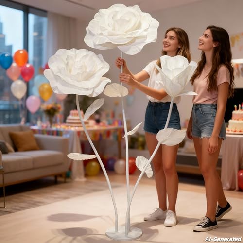 Giant Artificial Rose Decor, Oversized Standing Flower for Wedding Receptions, Photo Shoots, Parties & Romantic Spaces (White) - color: White