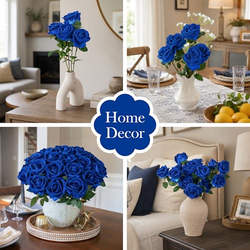 50 PCS Blue Roses Artificial Flowers, Real Looking Fake Roses with Long Stems Silk Flowers for DIY Wedding Bouquet Party Celebration Home Bridal Shower Decoration Valentine's Day Gift for Her Wife - color: Blue
