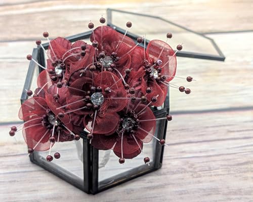 72PC Artificial Organza Flower Rhinestone Pick for Home Craft Decor DIY Wedding Bridal Veil Headband Dress Cake Topper Embellishment Scrapbook Favor Corsage Floral Bouquet Arrangement (Burgundy) - color: Burgundy