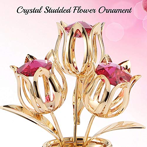 Matashi Crystal Studded 24K Gold Plated Tulip Bouquet in Butterfly Vase – Unique Crystal Flower Figurine for Women, Anniversary, Birthday, and Home Decor Centerpiece - color: Gold,red