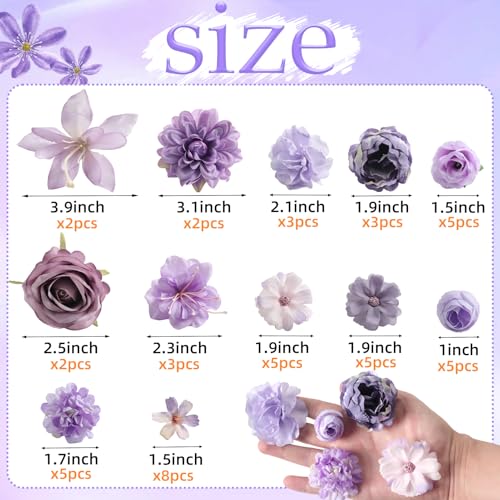 rongflower Fake Flower Heads for Crafts - Purple Silk Artificial Roses, Peonies, Daisies & Mini Floral Heads Bulk (48-Pack) for Wedding Decor, Graduation Cap, Cake Topper, Baby Shower, Home Decoration - color: Purple