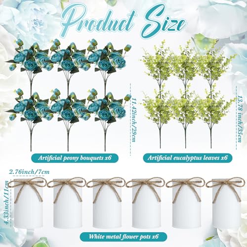 6 Sets Artificial Peonies Flowers, 6 Artificial Peony with Vase 6 Faux Eucalyptus, Faux Silk Peony Bouquet Spring Flowers for Decoration Wedding Party Home Dining (Teal) - color: Teal