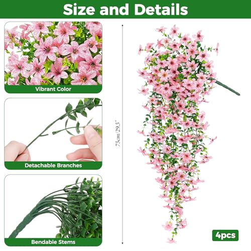 Roberly 4 Pcs Artificial Hanging Flowers for Outdoors, Realistic Faux Silk Flowers UV Resistant Fake Greenery Plants for Spring Summer Garden Porch Indoor Outdoor Home Decor, Pink - color: Pink