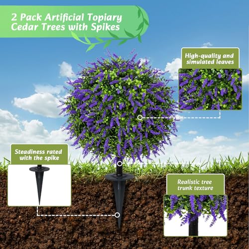 Bdor 25" Artificial Lavender Topiary Ball Trees with Ground Stake, Faux Potted Plants Purple Lavender Set of 2, Outdoor Fake Flower Bushes, UV Resistant for Home Lawn and Front Porch Garden Decor - style: Lavender