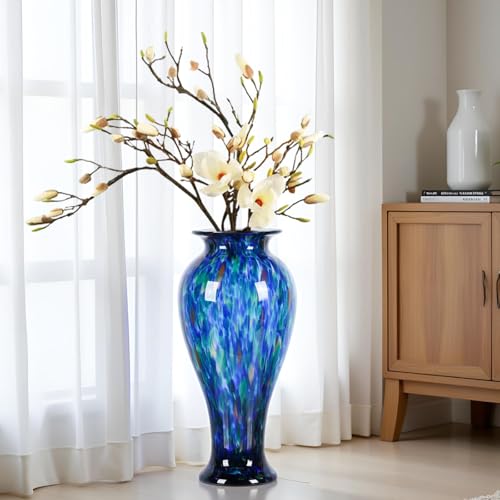 XMGZQ 20" Tall Glass Vases for Floor,Large Hand Blown Sea Glass Flowers Vase for Centerpieces,Jarrones Grandes para Sala Elegantes,for Bookshelf,Bathroom,Countertop,Indoor Office Desktop (Blue Green)