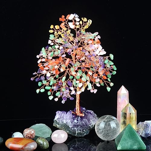 Chakra Tree of Life Natural Gemstone Crystal Tree,Healing Stones(406 Stone Count) with Amethyst Cluster,Fengshui Decor Bonsai Money Tree,Positive Energy Good Luck Gift Size 8.5"-9" - color: Multi Stone With Amethyst Cluster Base