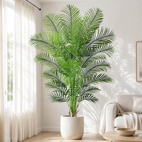 Artificial Palm Tree 7ft Tall Fake Palm Tree Indoor Decor with 18 Leaves and Real Bark Design Faux Tropical Areca Palm Silk Floor Plant in Pot for Home Office Living Room Bedroom Decor 1pcs - size: 7ft