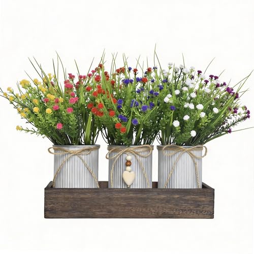 Artificial Baby’s Breath (Gypsophila) Centerpiece — 3-Metal-Pot Rustic Table Decor on Wooden Tray, Faux Gypsophila Bouquet for Home, Wedding, Party, Living Room & Dining Table Decor - color: Baby Breath Flowers