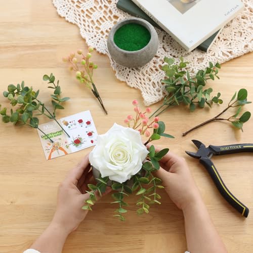mizii DIY Small Artificial Flowers Potted Kit Fake Flower Realistic Silk Rose and Greenery with Vase for Gifts Table Centerpiece Mantle Office Desk Shelves Living Room Decorations (White) - color: White