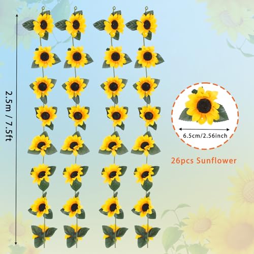 4 Pack Artificial Sunflower Garland Silk Sunflower Decor 2.3m Long with Green Leaves and Fade Resistant Petals for Wedding | Sunflowers Decorations for Garden Party Wall Home Floral Arrangement