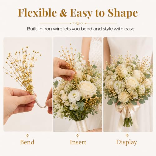 60 Pieces Pearl Stick Stems Bouquets, 4mm Bead String Garland Beaded Spray Filler Floral Arrangements Tree Picks Wedding Party Decoration, Mother's Day Flower Decor, Christmas Tree Picks (Gold) - color: Gold
