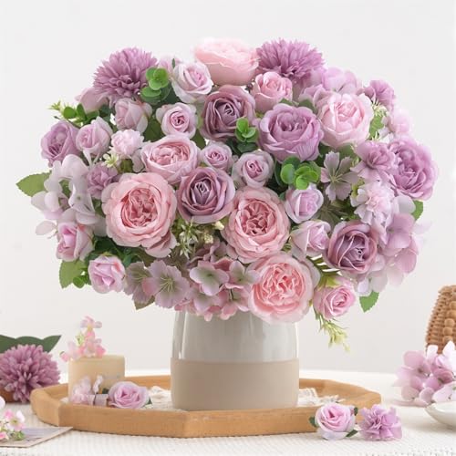 8 Pcs Mixed Artificial Peony Flowers Set-4 Bouquets & 4 Stems, Purple Fake Peony Rose Hydrangea Flower for Vase Silk Floral Arrangement for Table Centerpiece Wedding Party Bridal Decoration Home Decor - color: Purple, size: Mixed 8pcs