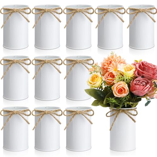 Rustic Vase for Table Centerpieces 4.33 Inch Small Petite Flower Vase with Twine Bow Vintage Farmhouse Decor for Wedding Reception Dining, Home Galvanized Metal Buckets(White,12 Pcs) - color: White