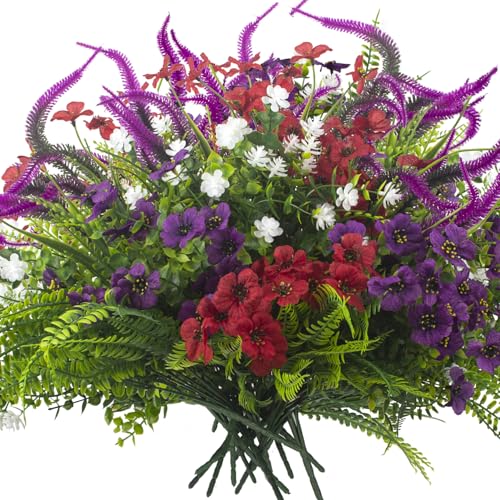 Grunyia 20Pcs Artificial Flowers for Outdoor UV Resistant & Waterproof, Realistic Fade-Proof Faux Greenery Shrubs Hanging Plants for Garden Porch Yard Lawn Patio Decorations (Vibrant Colors)