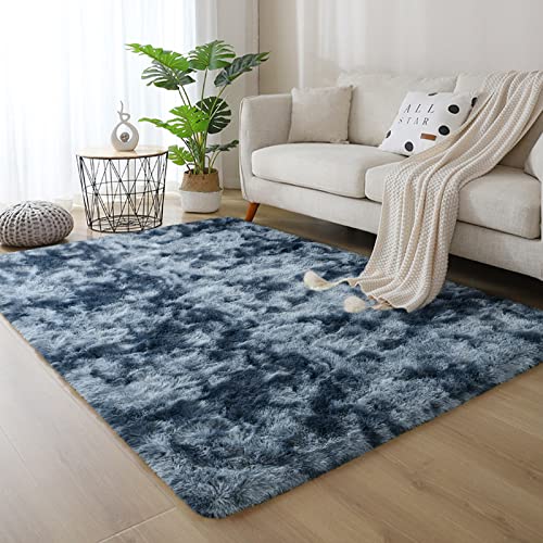 DweIke Fluffy Blue Grey Rugs for Bedroom Living Room, 3x5 Feet Soft Plush Shaggy Tie-Dyed Navy Blue Gray Girls Boys Kids Rug, Upgraded Non-Slip and Machine Washable Carpet for Dorm Nursery Decor - color: Blue Grey, size: 3 Ft X 5 Ft