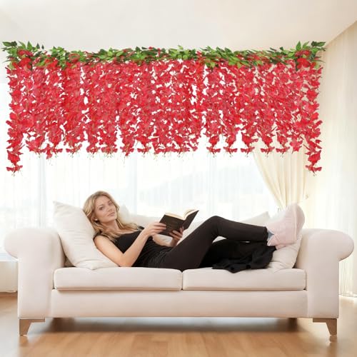 ARTKAIKE Artificial Flowers Garland for Home Decor, Fake Wisteria Vine Silk Hanging Plant Flower for Room Bathroom Wall Kitchen Bedroom Garden Outdoor Wedding Decor (4, Red) - color: Red