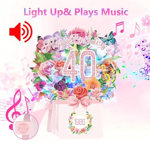 40th Birthday Cards, Light and Music 40 Years Old Happy Birthday Card, Rose Lily Orchid and Butterflies, 10 Inch Forever Flower Bouquet 3D Pop Up 1986 Birthday Gift Card for Women Wife Mom Daughter Sister - size: 1986-40th