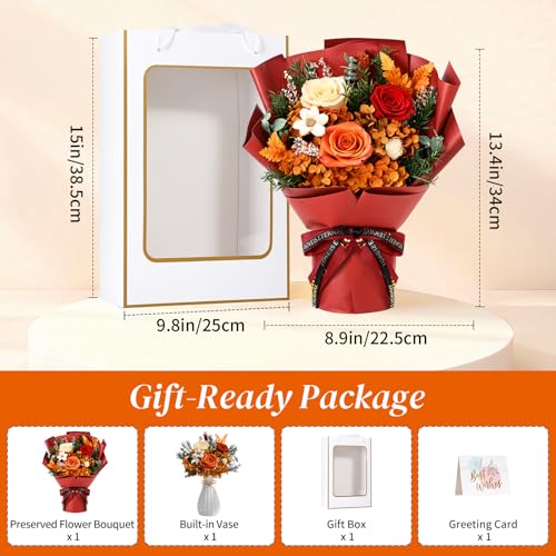 Lewondr Flower for Delivery, Preserved Flowers Bouquet, Orange Roses Bouquet, Real Long-Lasting Forever Birthday Flowers Gifts for Mom Best Friend Mothers Day Christmas Graduation, Dark-Orange - color: Dark Orange