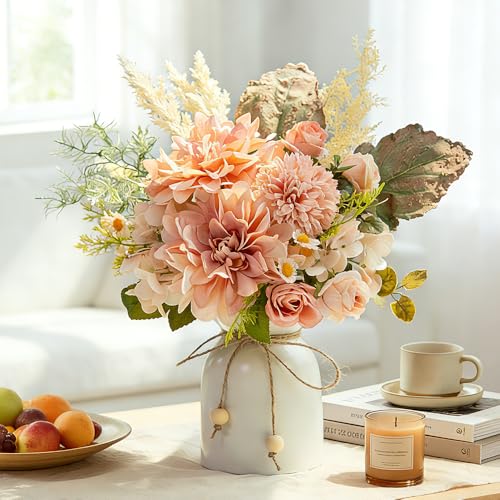 Fake Flowers with Vase Silk Dahlia Artificial Flowers in Vase Faux Hydrangea Flowers Arrangements with Vase for Home Office Decoration Dining Table Centerpiece (Pink) - color: Pink