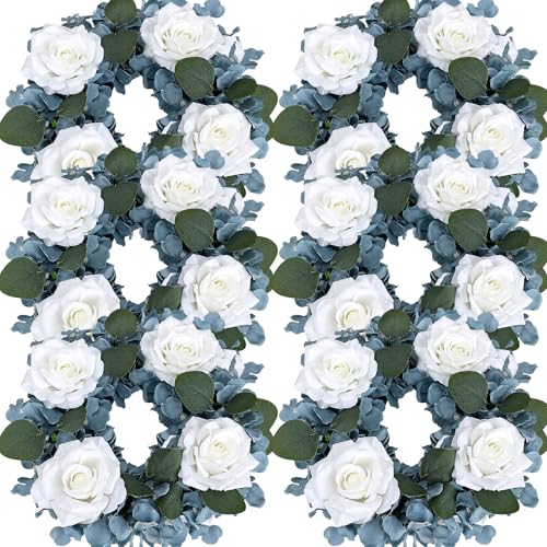 Artificial Flower Candle Rings - 6 Inch Inner Rose Floral Wreaths for Wedding Bridal Event Table Centerpieces Backdrop Decorations (Dusty Blue & White, 6 X Candle Rings) - color: Dusty Blue & White, size: 6 X Floral Wreaths