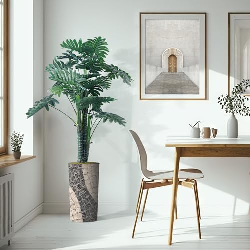 Artificial Tree in Geometric Pattern Planter, Fake Philodendron Tree Silk Tree for Indoor and Outdoor Home Decoration - 70" Overall Tall (Plant Pot Plus Tree) - style: Philodendron Tree