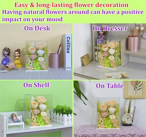 Valley of Rain & Forest Long-Lasting Real Flowers With Delivery | Handcrafted Preserved Rose Bush For You to Send Love for All Occasions, Indoor Floral Decor (Yellow White Roses Arrangement) - color: Champagne Yellow Rose Spring-themed