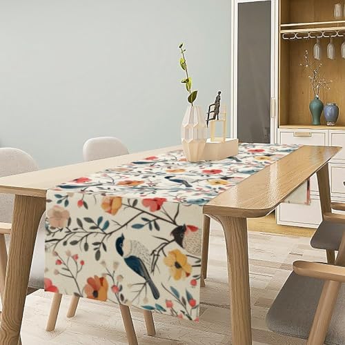 Spring Bird Floral Table Runner,Birds Table Runner Burlap Table Decoration for Summer Seasonal Home Kitchen Dining Dinner Indoor Holiday Farmhouse Decor 13x36 Inch - color: Bird_15, size: 13x36inch