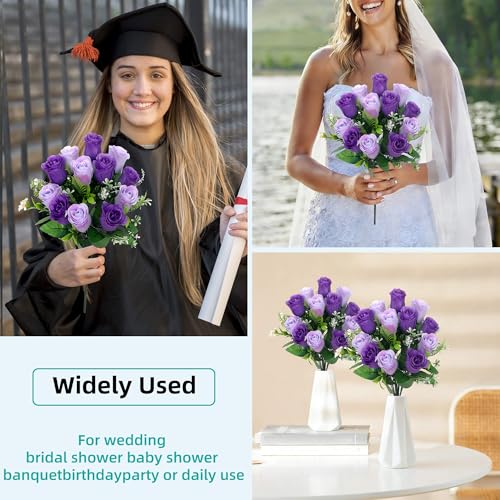 Artificial Rose Bouquets Fake Roses Flowers Set of 4 Realistic Silk Flowers for Cemetery Headstone Home Wedding Decoration UV Resistant No-Fading(Purple) - color: Purple