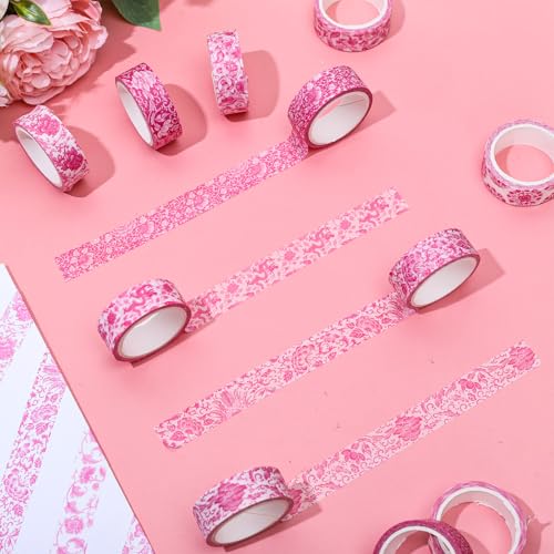 Whaline 12 Rolls Pink Floral Washi Tapes Chinoiserie Flower Decorative Masking Tape Set Vintage Wrapping Paper Tape for Scrapbook Journal DIY Art Crafts - color: Pink