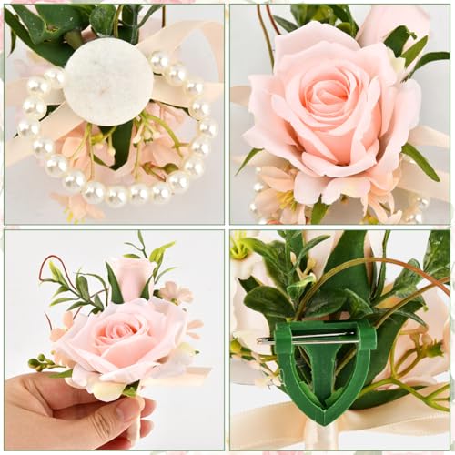 Artificial Rose Corsage & Wrist Corsage Set, Rose Wrist Flower Wristlet Bracelet Groom Best Man Boutonniere, for Prom Suit Decorations Wedding Party Flower Accessories(Color:Pink) - color: Pink