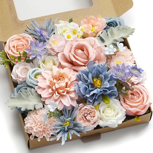 Artificial Flower Combination Box Set Artificial Flower Loose Leaves and Stems DIY Wedding Center Bouquet Bride Wedding Baby Shower（Nostalgia Blue Powder） - color: Nostalgia Blue Powder