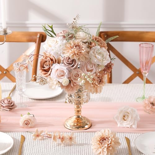 Garisey Artificial Flowers Combo, Mix Silk Flowers Roses, Peonies, Dahlias with Stems for DIY Wedding Bridal Bouquet, Baby Shower, Table Centerpieces, Home Decor, Fake Floral Arrangements-Boho Nude - color: Boho Nude