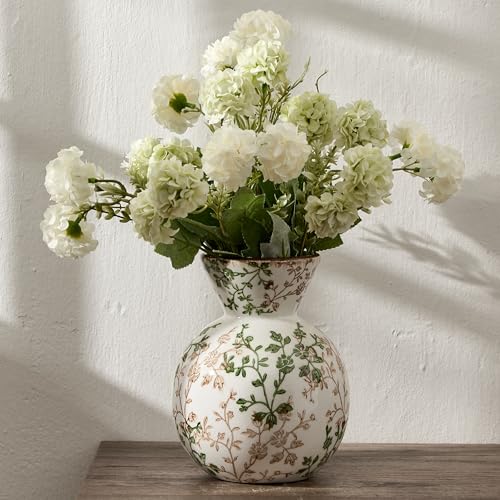 6.61" Ceramic Flower Decorative Antique Vase, Vintage Rustic Chinoiserie Floral Vase for Home Decor, Living Room, Bookshelf, Office, Entryway, Garden, Tuscan Decor, Chinoiserie Decor - color: Green and Beige- 6.61"