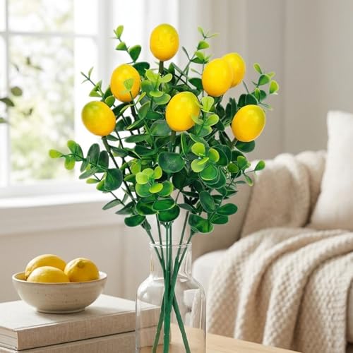 6Pcs Artificial Lemons, Faux Branches, Artificial Lemon Branches, Perfect for Home, Kitchen Table, Wedding Arrangements, Outdoor Courtyard and Office Desk Decoration