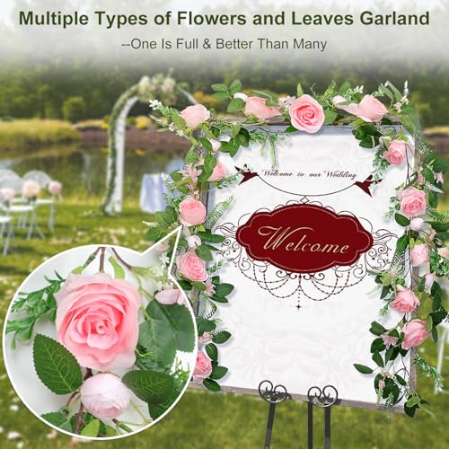 Naidiler Full Pink Flower Garland, 6.2FT Artificial Rose Floral Vine Pretty Spring Pink Flower Garland for Wedding Arch Decor Home Backdrop Wall Table Centerpiece Valentines Decoration - color: Pink Green