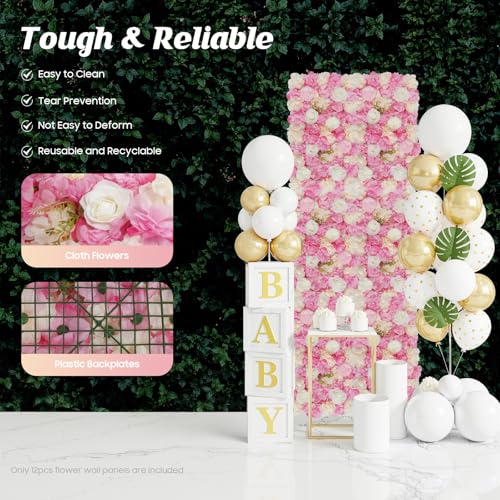 12 Pcs Artificial Flower Wall Panels Silk Dahlia Rose 3D Faux Flower Backdrop Panels Background Decorative for Wedding Celebrations Festive Party Home, 23.62 * 15.74in (Pink-4) - color: Pink-4