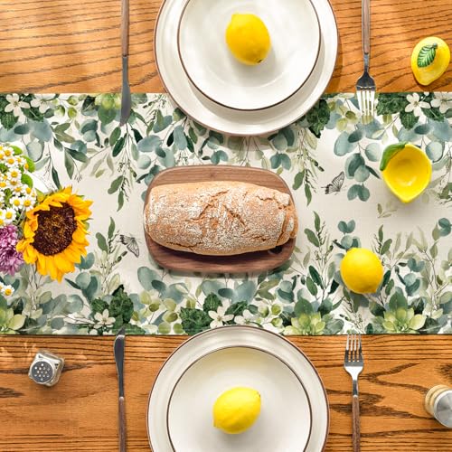 Artoid Mode Green Flowers Floral Eucalyptus Summer Table Runner, Seasonal Spring Kitchen Dining Table Decoration for Home Party Decor 13x72 Inch - color: Beige, size: 13" x 72", Table Runner