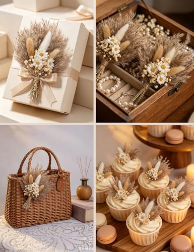 xin's convey Mini Dried Flower Bouquet Set of 6, Small Pampas Grass, Bohemian Wedding Table Centrepieces, Bridesmaid Flower Girl Proposal Boxes, Birthday Cake, Party Plate Decorations (Brown) - color: Brown