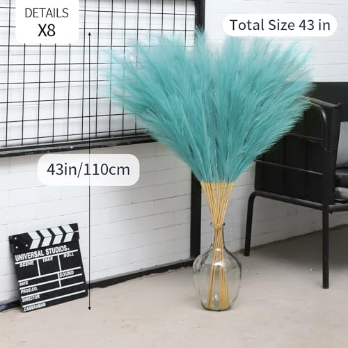 43" Tall Pampas Grass Decor - 8 PCS Faux Pampas Grass Flower Arrangement and Vase Filler for Boho Home Wedding Mothers Day Decoration (Lake Blue) - color: Lake Blue