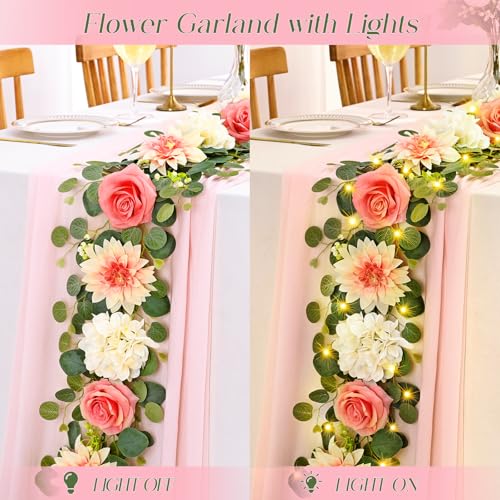 Yastouay 6 Ft Flower Garland with Lights, Pink Rose Floral Garland Fake Flowers for Wedding Arch Party Tables Backdrop Decor - color: Pink With Lights, size: 1 Pack