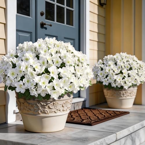 16 Bundles Artificial Flowers for Front Door, Fake Silk Azalea Bouquet Silk Flowers for Outside UV Resistant Realistic Faux Plants for Planter Farmhouse Patio Garden Walkways Home Decor (White) - color: White