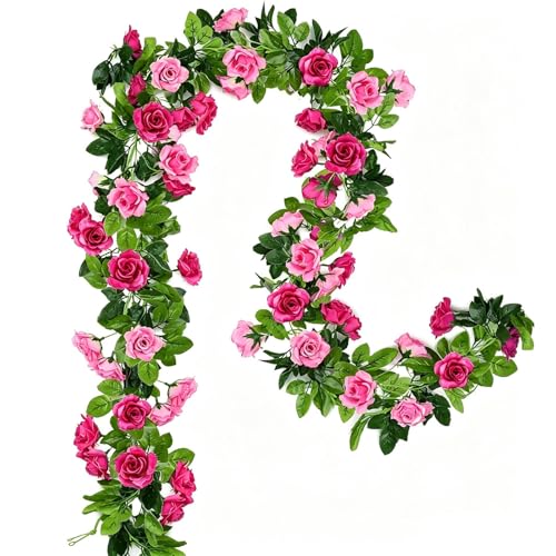 Floweroyal 2 Pack Artificial Flower Garlands 15.8FT Fake Rose Vines Silk Flowers Hanging Rose Ivy for Wedding Arch Party Home Garden Wall Decor (Fuchsia) - color: Fuchsia, size: 2pcs