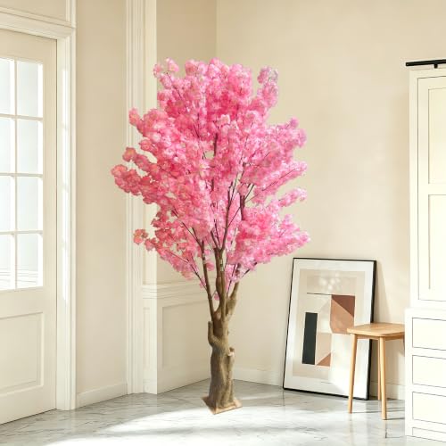 7FT Artificial Cherry Blossom Tree, Pink Faux Blossom Tree with Realistic Stump Trunk, Large Decorative Artificial Plant for Living Room, Office, Entryway, Wedding & Indoor Home Décor - color: Pink, size: 7ft
