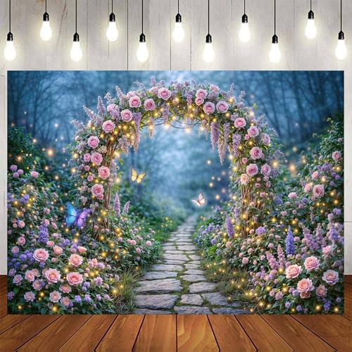5x3ft Enchanted Forest Backdrop Fairy Tale Magic Garden Floral Arch Butterfly Photography Background for Kids Girls Baby Shower Birthday Party Decoration Photo Booth Props - color: Pink05, size: 5X3FT