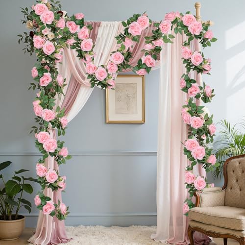 U'Artlines 3 Pack Artificial Pink Rose Vines Floral Garlands Total 19.5 Ft Fake Vine Silk Flower Garland for Indoor Outdoor Home Wedding Arch Garden Wall Decoration - color: Pink, size: Set of 3