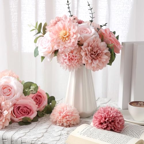 Suncalla 98 Pcs Artificial Flowers Bouquet Assorted Faux Flowers Heads with Stem Eucalyptus Leaves Silk Floral Table Centerpiece for DIY Wedding Party Wreath Home Decor(Pink Color) - color: Pink Color