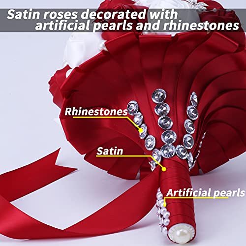 7Inch Handmade Wedding Flowers Bridal Bouquets Crystal Bride Holding Bouquet White Ivory Satin Roses with Diamond Pearl Ribbon.(WineRed) - color: Winered