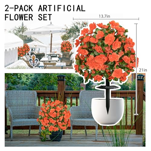 Artificial mums for Outdoors, Faux Outdoor Plants Fake Plants Topiary Balls Artificial Outdoor Set of 2 with Ground Spike for Home Front Porch Patio Garden Decor (Orange) - color: Orange