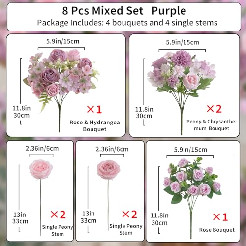 8 Pcs Mixed Artificial Peony Flowers Set-4 Bouquets & 4 Stems, Purple Fake Peony Rose Hydrangea Flower for Vase Silk Floral Arrangement for Table Centerpiece Wedding Party Bridal Decoration Home Decor - color: Purple, size: Mixed 8pcs