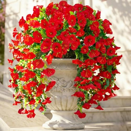 Ivydale 2 PCS Artificial Hanging Flowers Fake Plants Outdoor,Silk Morning Glory Faux Flowers with Eucalyptus Leaves,UV Resistant Realistic Hanging Petunias Plants for Home Garden Decor (Red) - color: Red